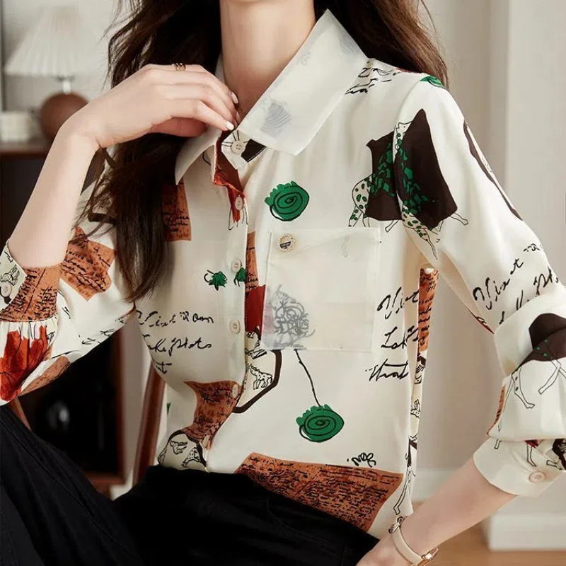 Geometric Hand-Painted Chiffon Printing Button Lantern Long Sleeve Women\'s Clothing Cardigan Shirt Casual Turn-down Collar Tops