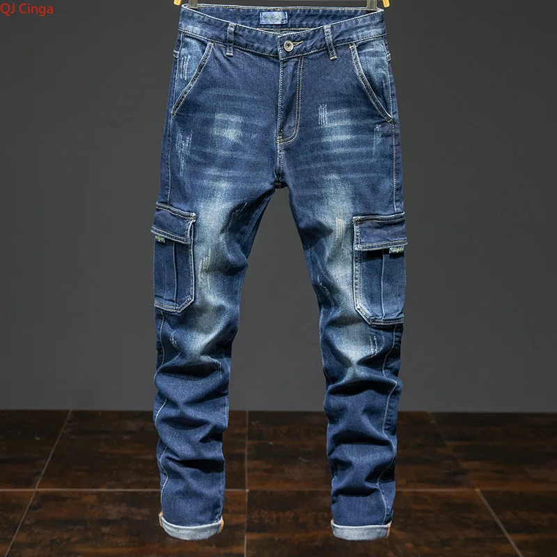 

Новые мужские темно-синие джинсы 2026 года, слегка эластичные джинсовые брюки, рабочие брюки с множеством карманов. Азиатские размеры 28-44