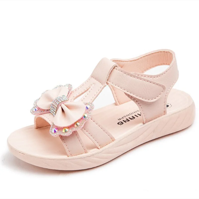 

Princess Girls Tender Sole Hoop & Loop Shoes Soft Leather Sandals Beach Outdoor Flat Sandalia Pink White Cute Sweet Zapatos Bow