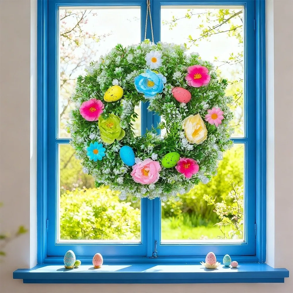 

Plastic Easter Decoration Wreath Lifelike Vivid Colors Spring Floral Wreath Simulated Plant Handmade Door Hanging Wreath
