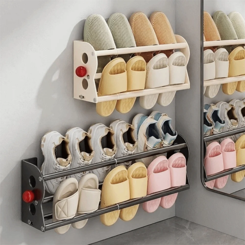 Carbon Steel Magnetic Slipper Rack No Drill Drain Double Layer Shoe Rack Expandable Space Saving Bathroom Slipper Holder