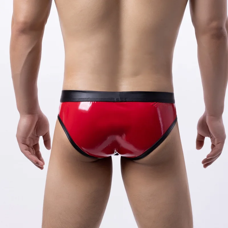 Men's Red Faux Leather Bulge Pouch Underpants, Sexy Underwear Briefs, Gay Men Panties, Hot Panties, Low Waist Male Thongs, New