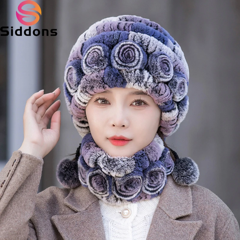 

Hot Sale Women Warm Rex Rabbit Fur Hat Scarf Sets Winter Lady Knit Fur Hats Muffler 2 Pieces Natural Rex Rabbit Fur Cap Scarves