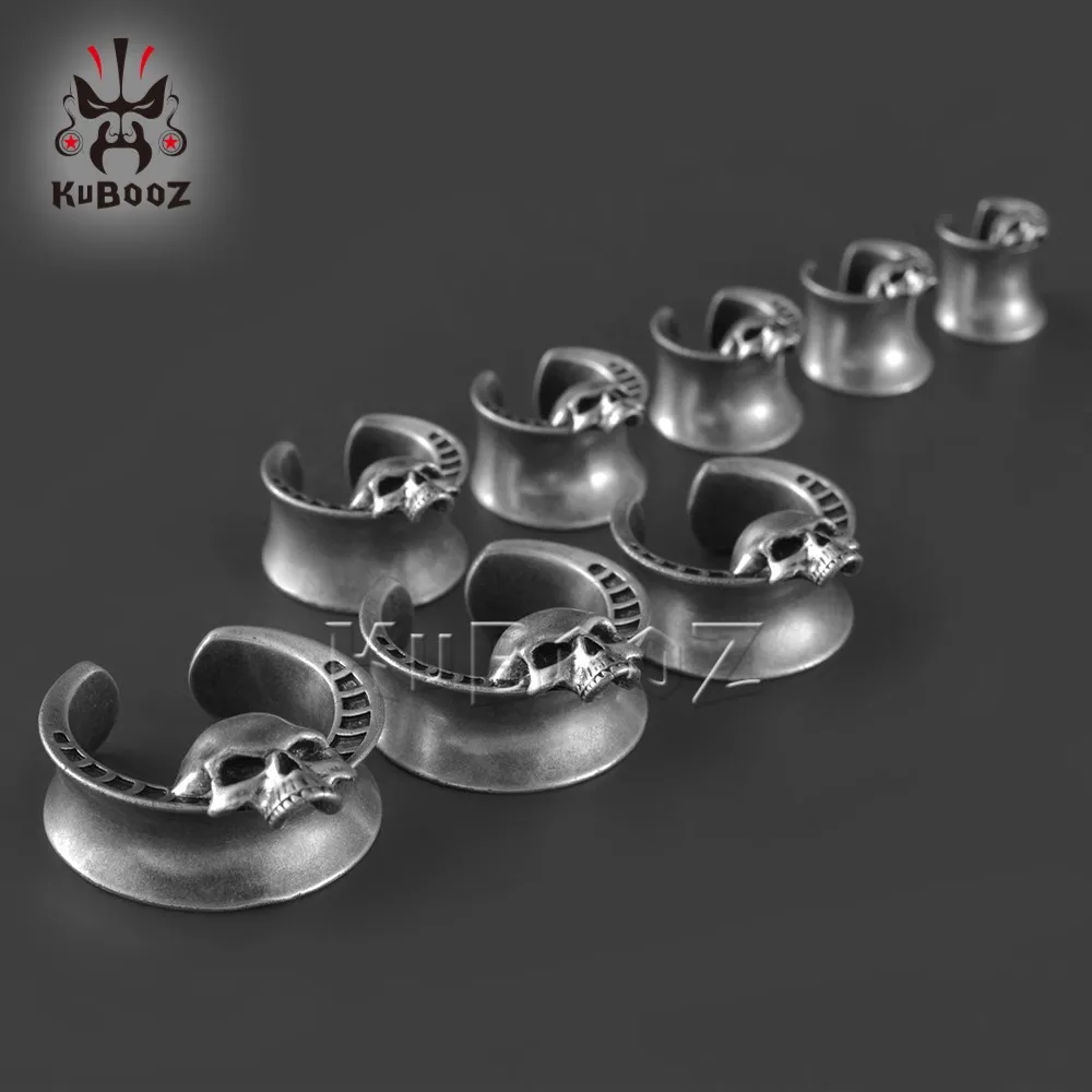 KUBOOZ Trendy  Copper Skull Ear Tunnels Notches Gauges Plugs Earrings Piercing Body Jewelry Expander Stretchers 2PCS