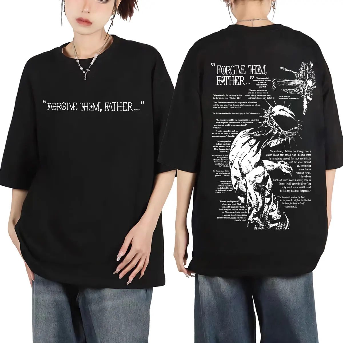 

Christian Religious Jesus Forgive Them Father Graphic T Shirts Gothic Retro Short Sleeve T-shirt Men Women Casual Loose T-shirts