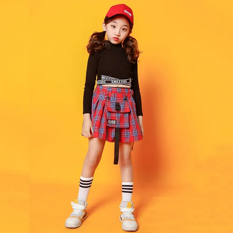 Kids Slim Plaid Hip Hop Skirt Shirt Dancing Clothes Ballroom Costumes for Girls Dancewear Stage Outfits Jazz Street Dance Wear