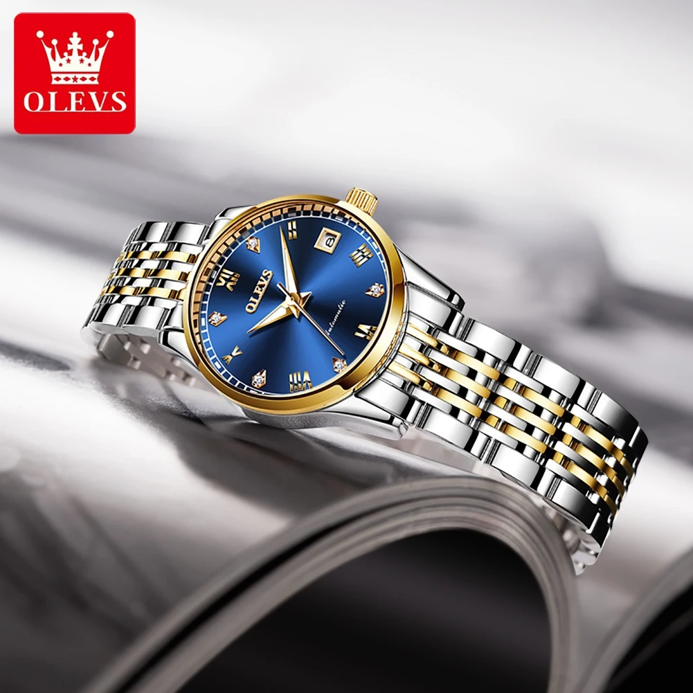 OLEVS 6602 Jam Tangan Mekanis Modis Hadiah Jam Tangan Baja Tahan Karat Dial Bulat Jam Tangan Tampilan Minggu Kalender Bercahaya
