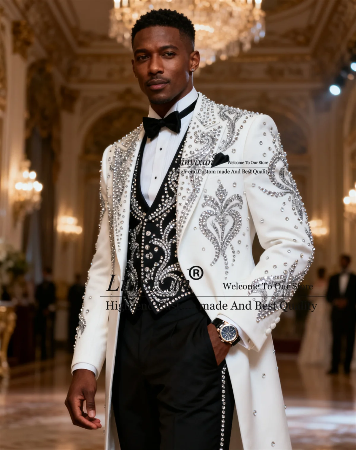 Длинное пальто Брюки Мужские костюмы Комплекты из 3-х предметов Жених Мужские пиджаки Высококачественные стразы Ropa hombre Индивидуальные облегающие свадебные смокинги
