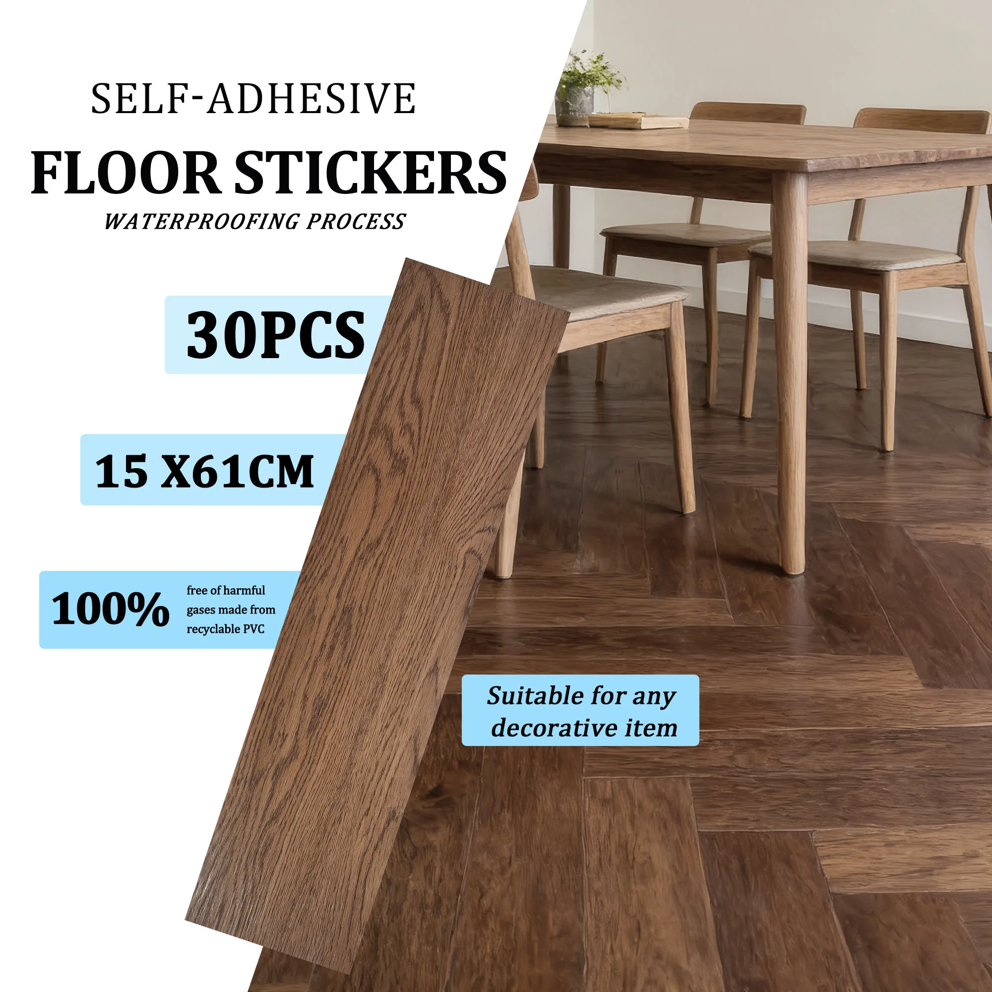 30 Stück 60×15cm PVC-Boden- und Wandaufkleber mit Holzmaserung, moderne selbstklebende, dicke, verschleißfeste Vinyl-Aufkleber, abziehbare und aufklebbare Bodenfliesen für Wohnzimmer, Schlafzimmer, Küche, Innendekoration – Detail 2
