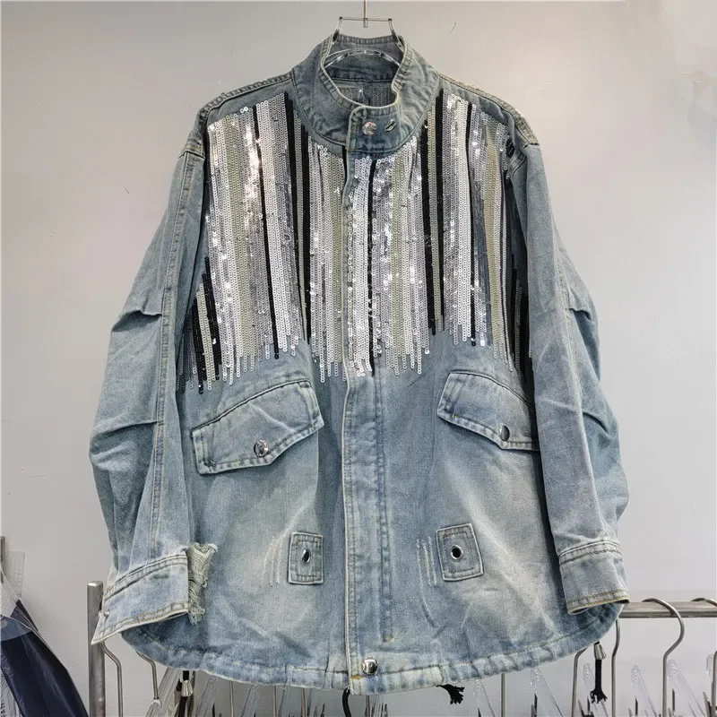 

Sequins Denim Jacket Women Autumn Casual Fashion Spliced Stand Collar Pocket Washed Jeans Coat Female Loose Cowboy Outwear B904