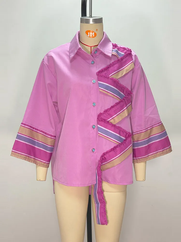 Gestreifte Patchwork-Hemden für Damen, Streetwear mit Revers, Langarm, Paneelen, Locker Sitzende Blusen, Charmante Partykleidung, Neu – Detail 3