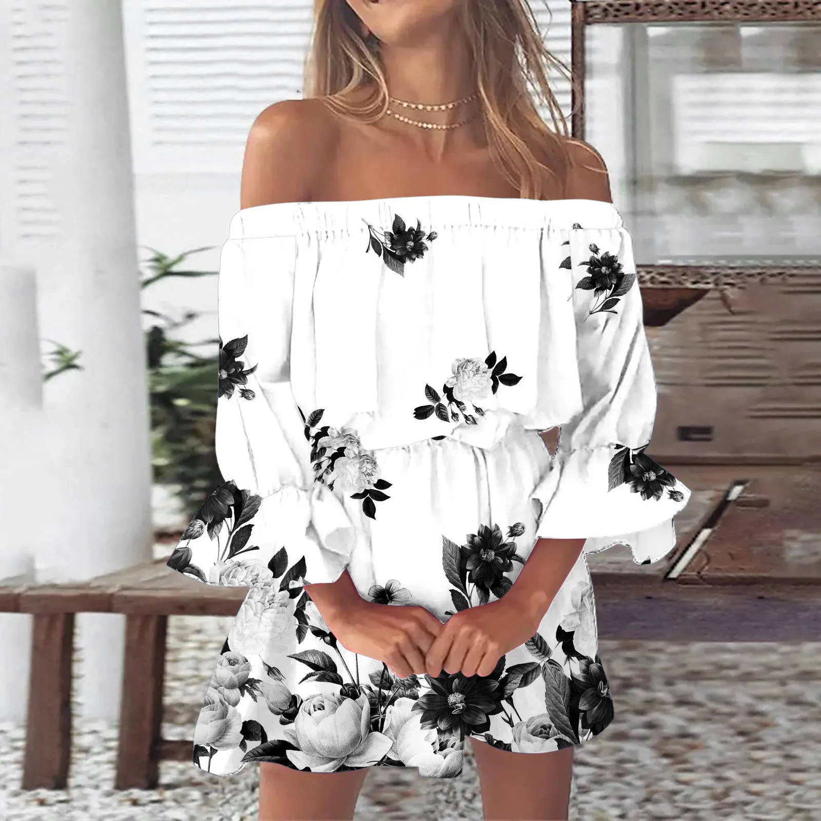 Boho Dresses for Women 2024 Summer NEW Sexy Off Shoulder Ruffle Sleeve Tunic Dress Women Casual Mini Floral Sundress Vestidos