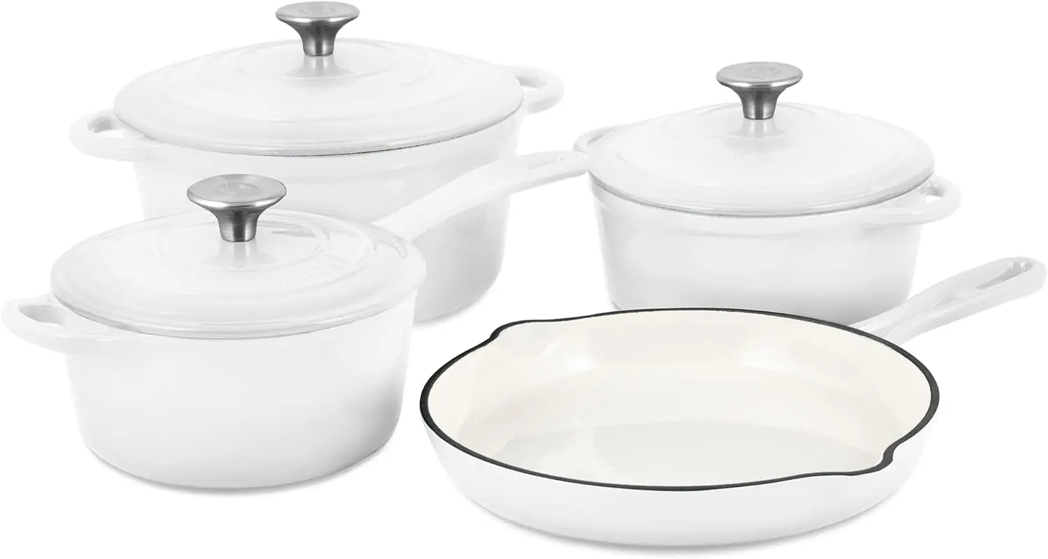 Enameled Cast Iron Cookware Set (Blanc White), 7-Piece Set, Nonstick, Oversized Handles, Oven Safe; 10.25