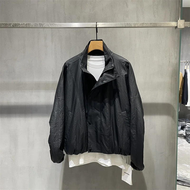 

American Retro Stand Collar Leather Jaet Loose Casual Versatile Motorcycle Clothes Upper Apparel for Men Autumn New Sle