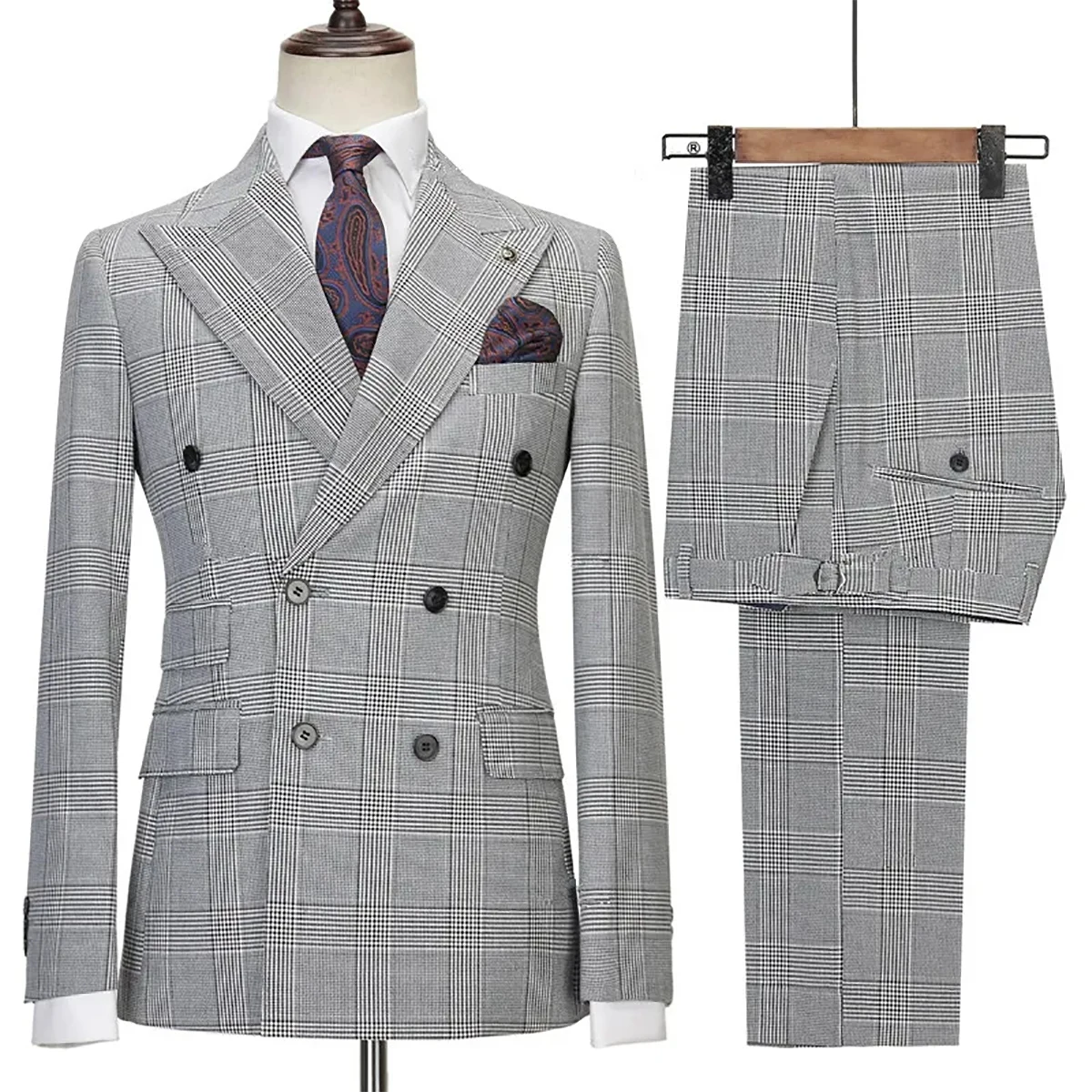 

Gray Check Mens Wedding Tuxedos Double Breasted Slim Fit Pants Suits Formal Party Groom Wear 2 Pieces