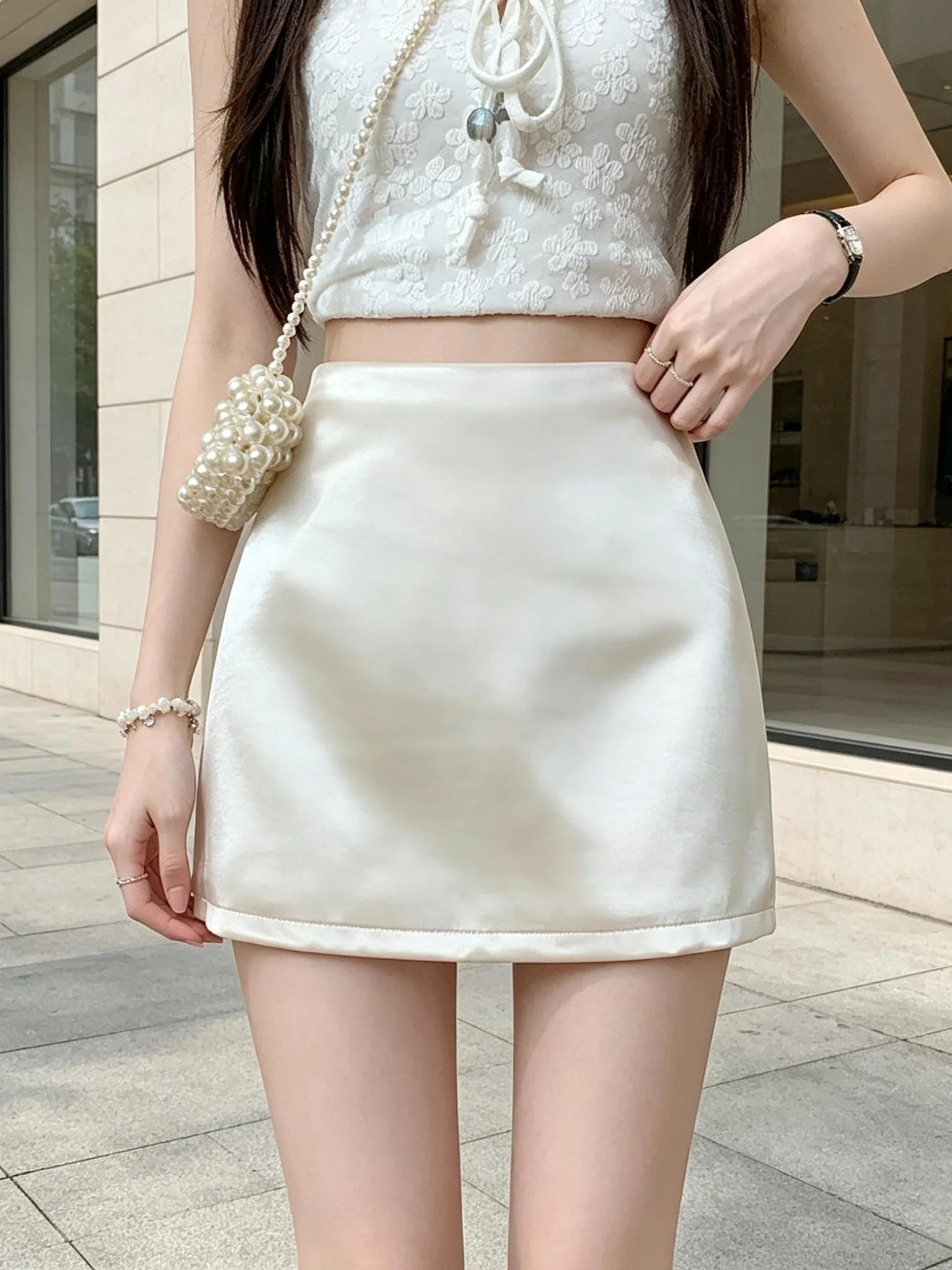 Acetate Satin Ice Silk Half Skirt Women's High Waist Slimming A-Line Short Skirt Summer New Style Anti-Light Walking Skirt