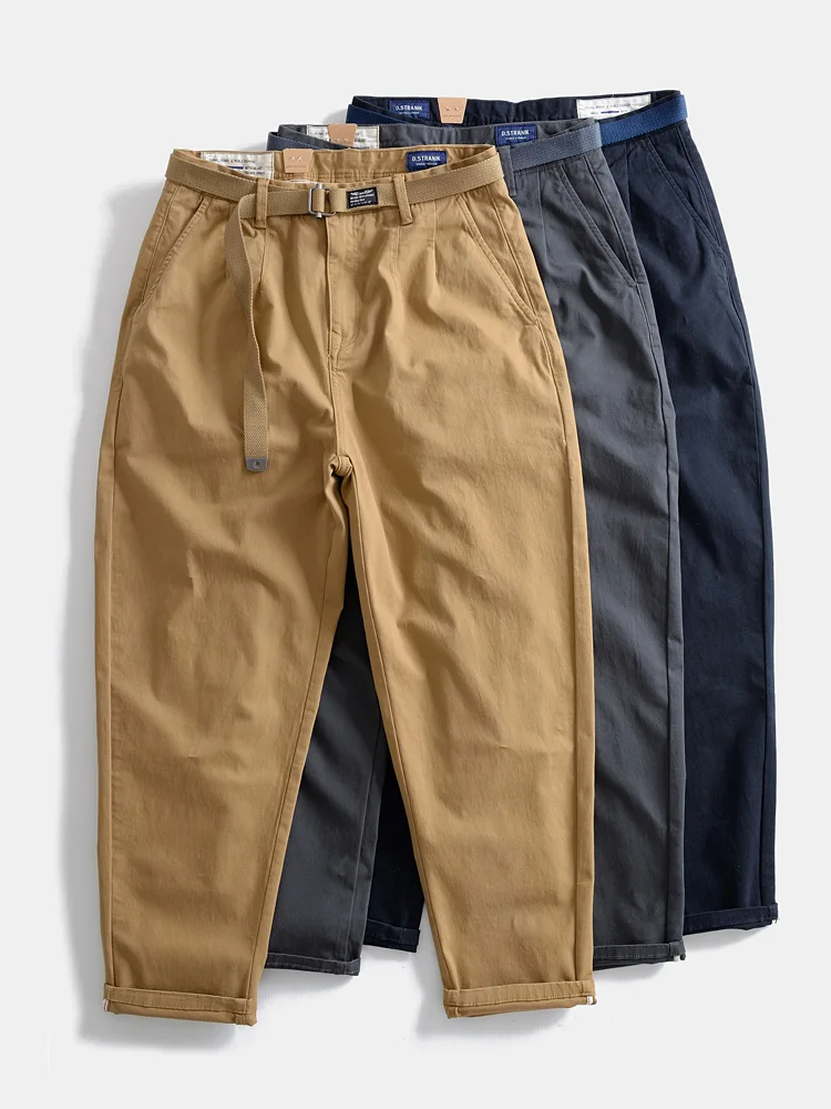 

Свободные прямые повседневные брюки для мужчин, цвета хаки, рабочие брюки, весенне-осенние, с микроэластаном, длинные, в японском ретро-стиле