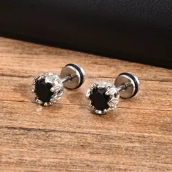 Black Cubic Zircon Stud Earrings for Men Boys,Screw Setting Stainless Steel Men Earrings,Vintage Retro Jewelry Gifts