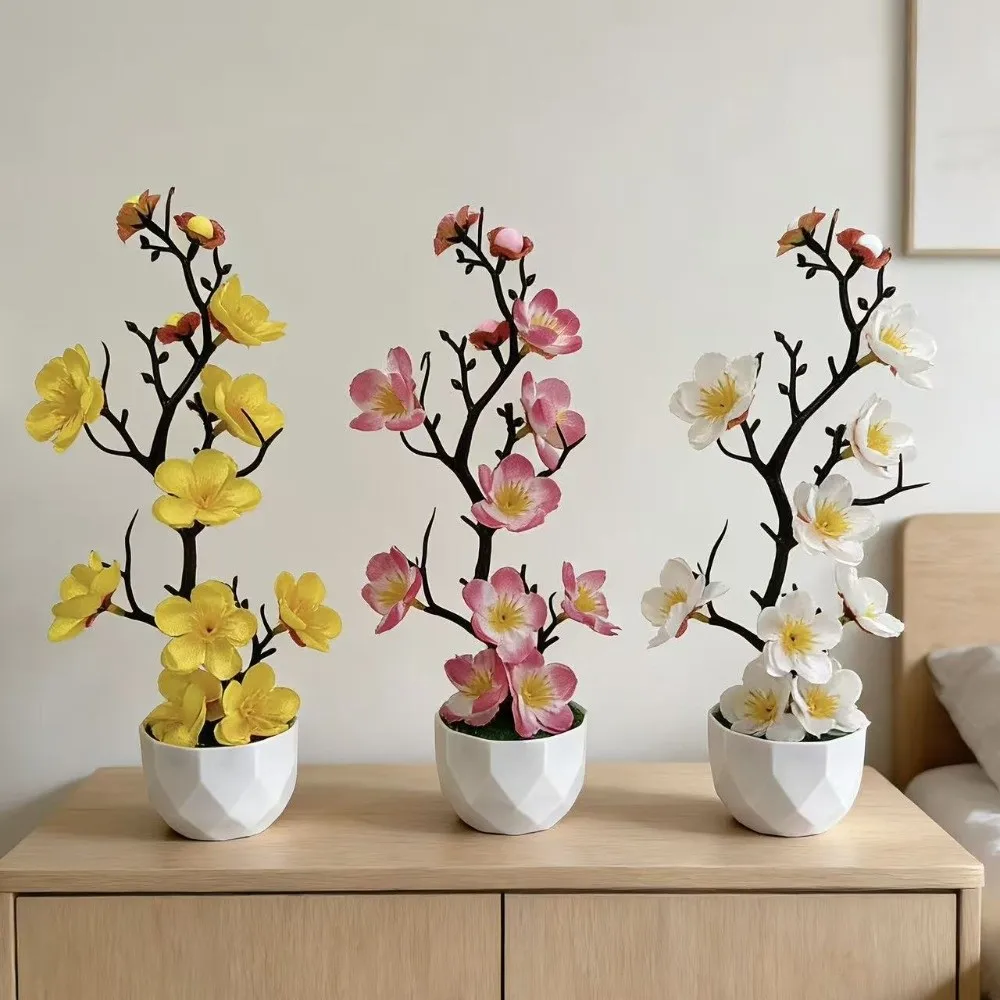 Red Artificial Plum Blossom Potted Plant Small with White Pot Fake Wintersweet Flower Bonsai Plastic Multi-Bloom