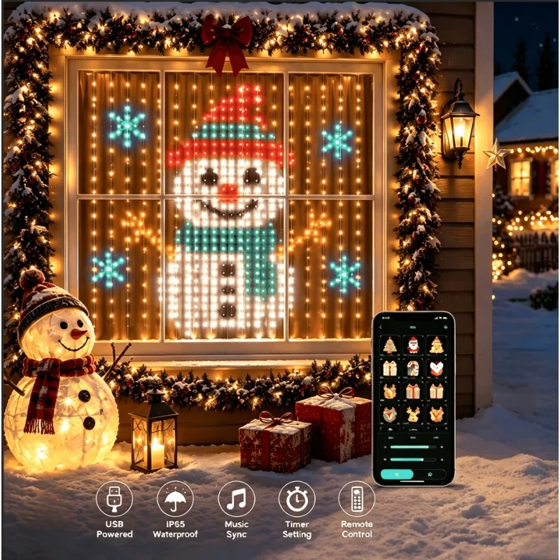 rgb-ledカーテンライト、スマートピクセルストリング、usb接続、アプリ制御、diyディスプレイ。窓やクリスマスパーティーの装飾に最適。