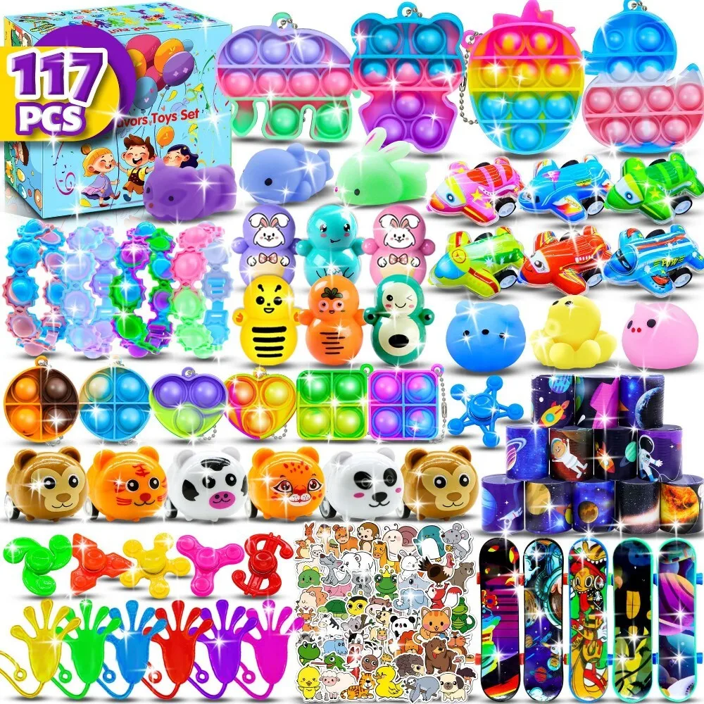 

117 Piece Kids Educational Toy Set with Stickers Keychains and Bubble Fidgets for Classroom Rewards Party Favors Birthday Gifts