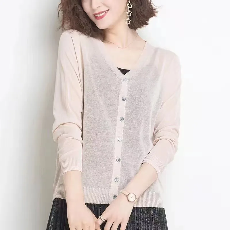 Cardigan Summer Long Sleeve Knitted Women New Ice Silk Knitwear Korean Thin Air-conditioning Sunscreen Shirt Tops