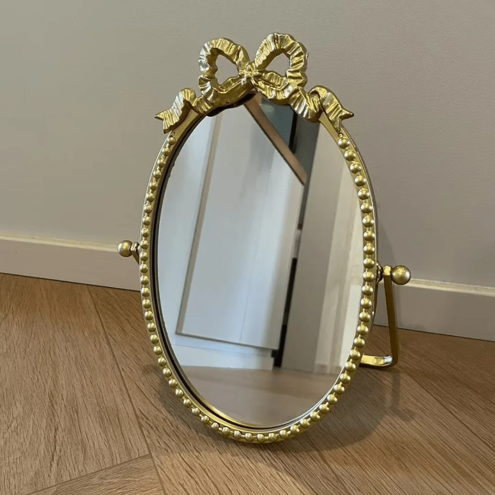 Fold Bow Mirror Room Decorations Oval Tabletop Mirror Vanity Mirror with Stand for Bedroom Dressing Room Makeup Desk Decorations