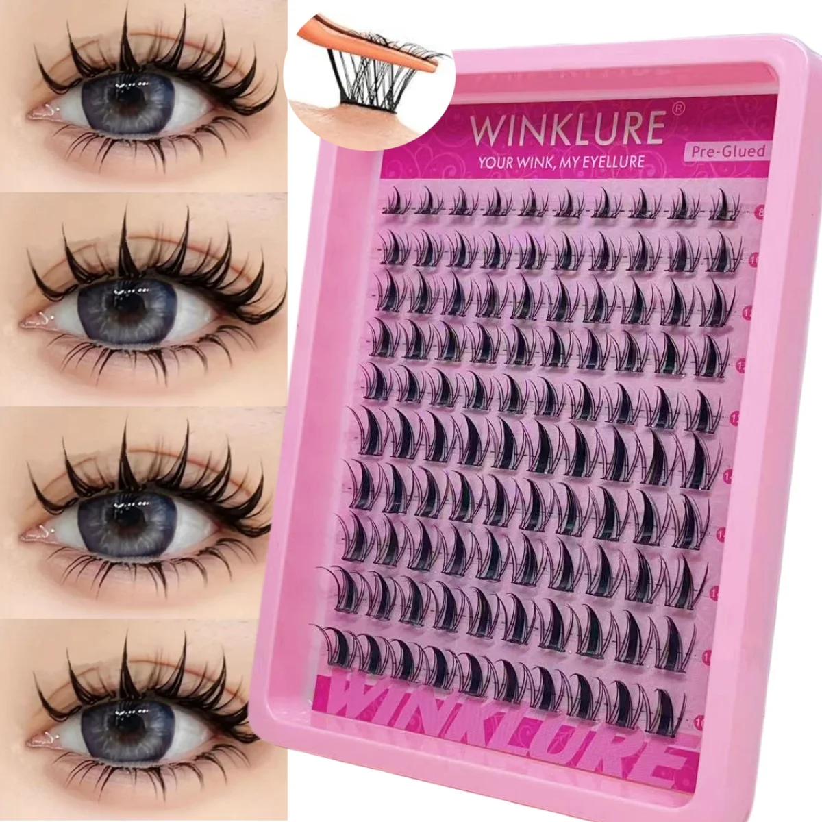 WINKLURE Self Adhesive Eyelashes Manga Pre Glued Lash Clusters No Glue Needed Press on Lashes Wispy Reusable Cluster Lashes Easy