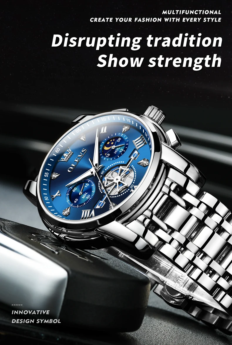 OLEVS 2856 Quartz Watch for Men Flywheel Skeleton Chronograph Moon Phase Multifunctional Stainless Steel Men's Wristwatches