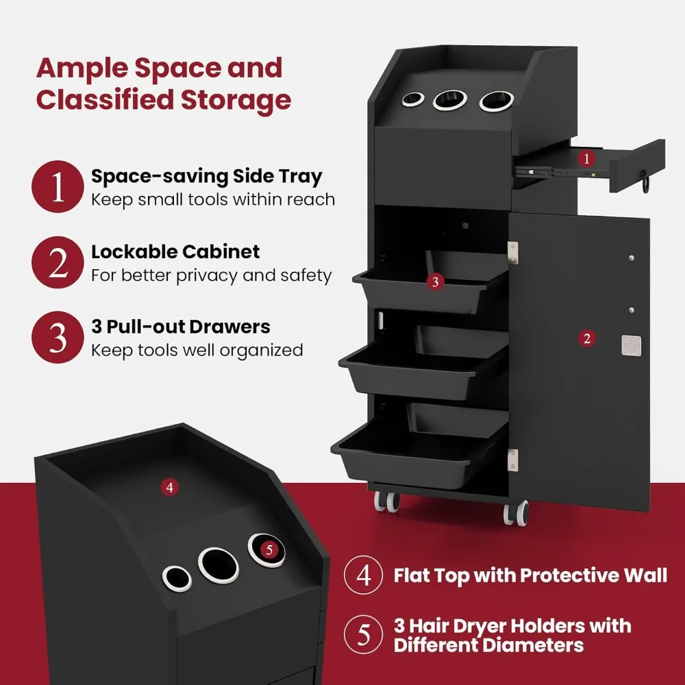 عربة صالون Giantex لمصففي الشعر، عربة ترولي خشبية قابلة للقفل على عجلات، خزانة تخزين ذات 3 أدراج، صينية أدوات جانبية، مجفف شعر #3