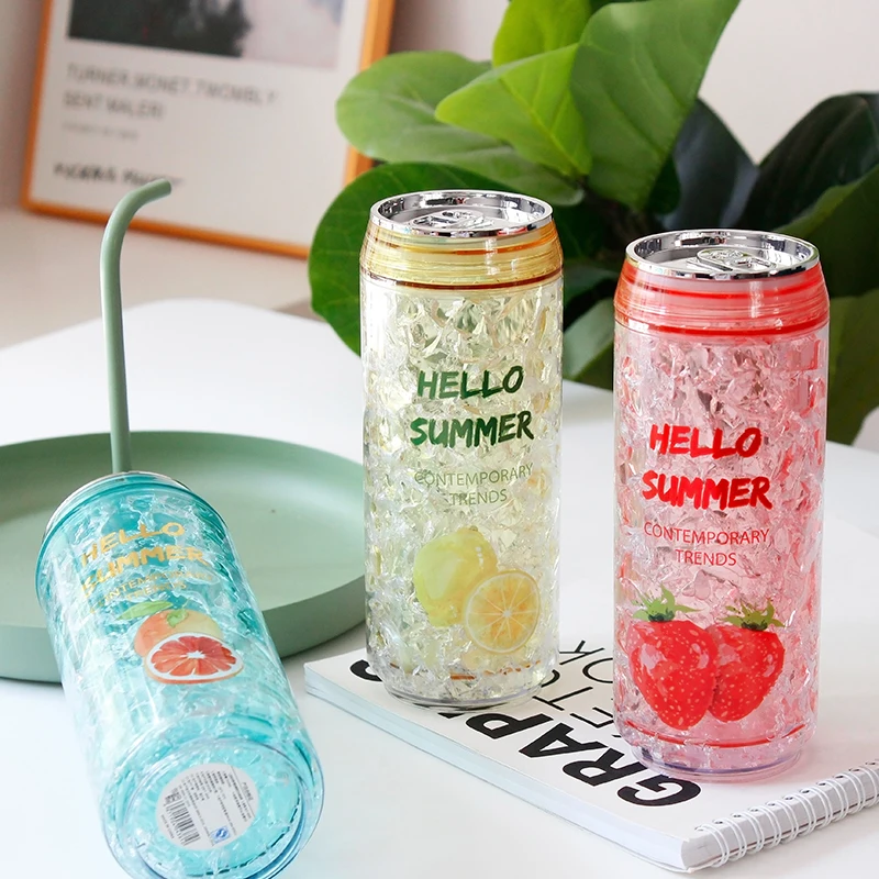 

Creative Fashion Cans Summer Ice Cup Kawaii Plastic Water Bottle With Lid Outdoor Sports Men Women Students Drinking Straw Cups