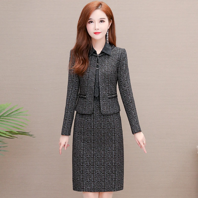 

Two-Piece Dress Women's 2023 New Spring Autumn High-End Leisure Two-Piece Female Elegant Loose High Waist Plaid Tops+Dress