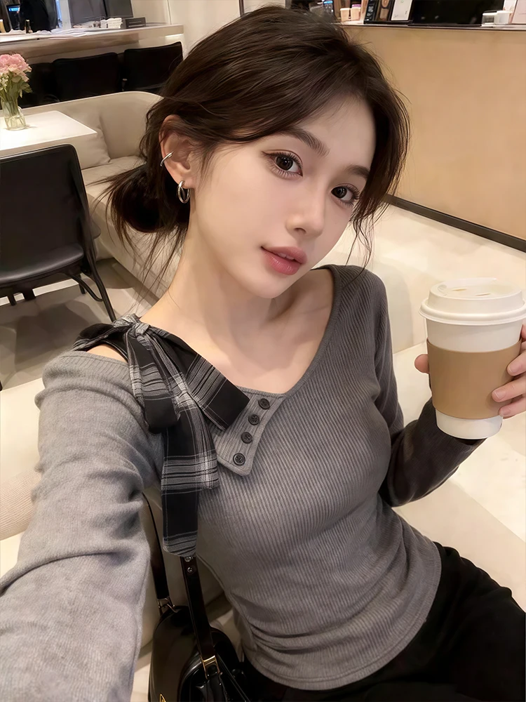 

Korean Sle Pure Desire Sexy ort Knitted Long Sve Women's Base Layer T-irt oulder Bared Asymmetrical Design Spring ...