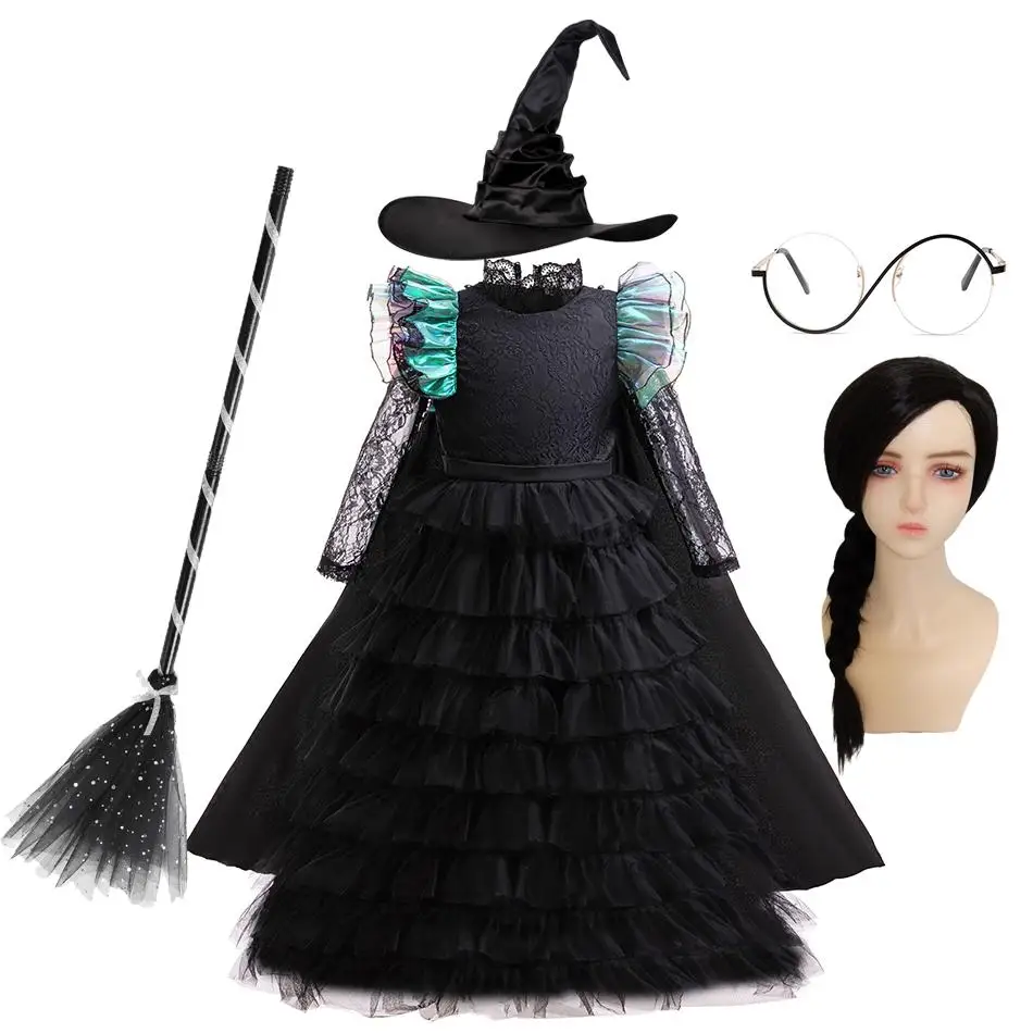 Girls Elphaba Witch Costume Black Dress Black Gothic Witch Gown With  Detachable cloak Pointy Hat Kids Halloween Cosplay Outfit - AliExpress