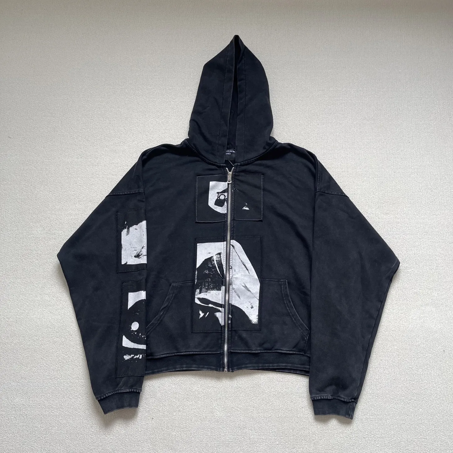 Vintage Washed Patchwork Abstract Graphic Zip Up Hoodie Men Women Oversized Cropped Distressed Hooded Jacket Hip Hop Streetwear