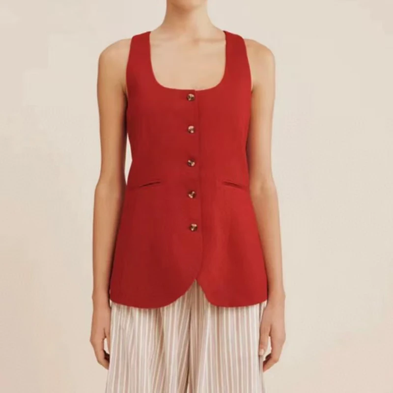 

Women's vest New outerwears single breasted slim fit round neck sleeveless top for summer 2025 100% linen blend Women's jackets