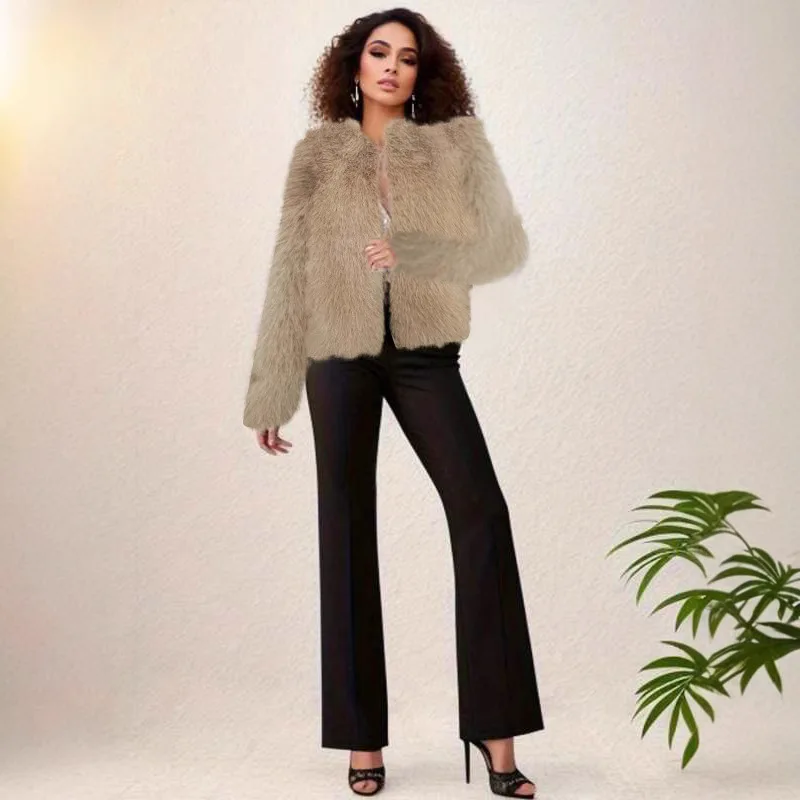 KIDCRKJ 冬用 レディース エコファーコート マルチカラー ラウンドネック ショート丈 フェイクファー ジャケット レディース スリムフィット 暖かい 女性用 人工ファーコート