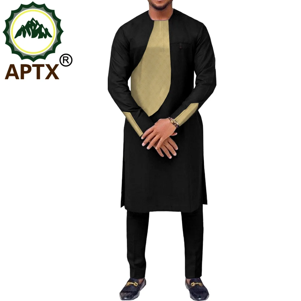 

APTX African Pants Set for Men Handmade Long Top+ Full Trouser Spring Casual Style Polyester Material TA731606
