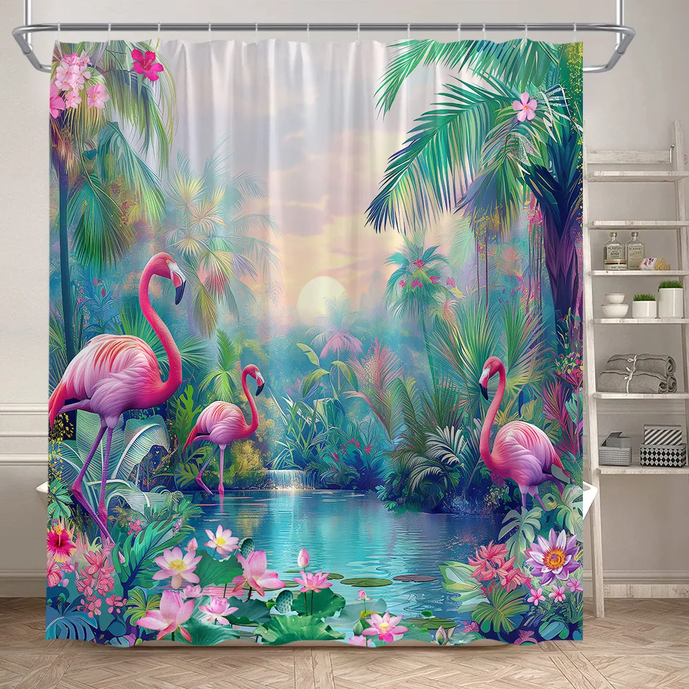 Tropical Jungle Flamingo Shower Curtains Animals Lake Lotus Flowers Palm Tree Plant Forest Scenery Fabric Bathroom Curtain Decor