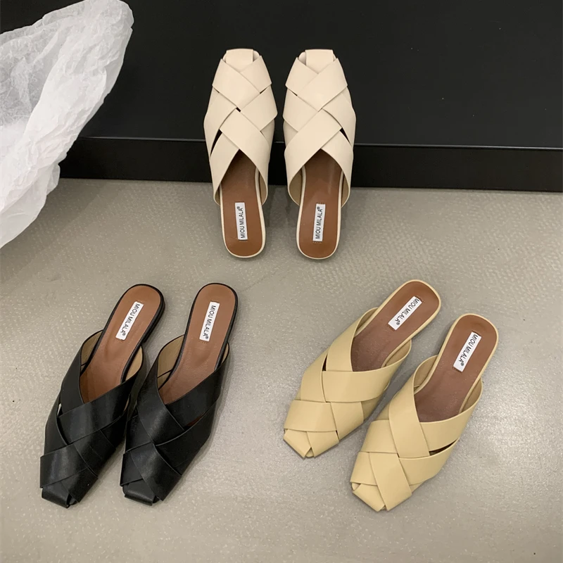 Spring New Women Slipper Fashion Weave Round Toe Slip On Ladies Mules Shoes Flat Heel Soft Sole Casual Sandal Shoes Slides