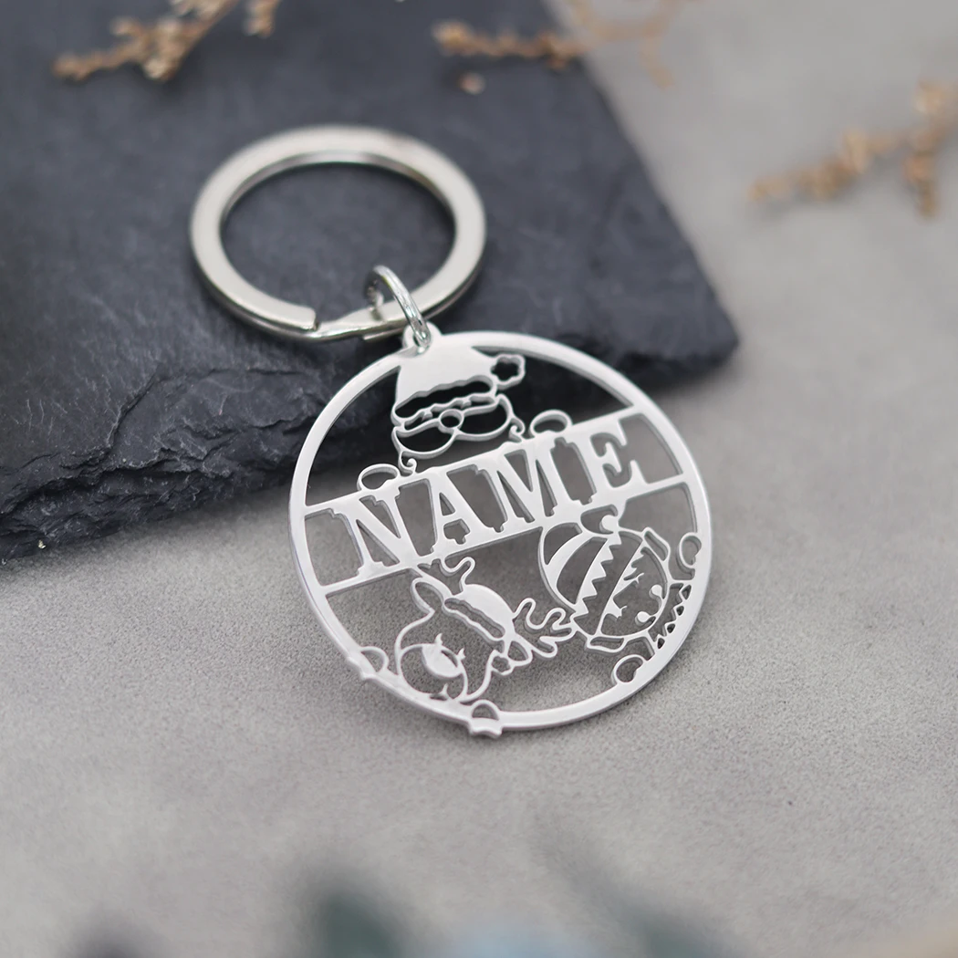 Custom Name Santa Claus Keychain Personalized Stainless Steel Pendant Keychains Customized Nameplate Keyring Gift for Christmas