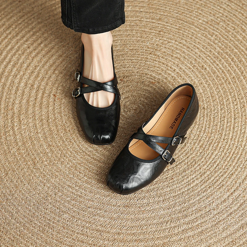 

Women’s Genuine Leather French Vintage Mary Jane Flats Cross Strap Soft Ballet Style Shoes