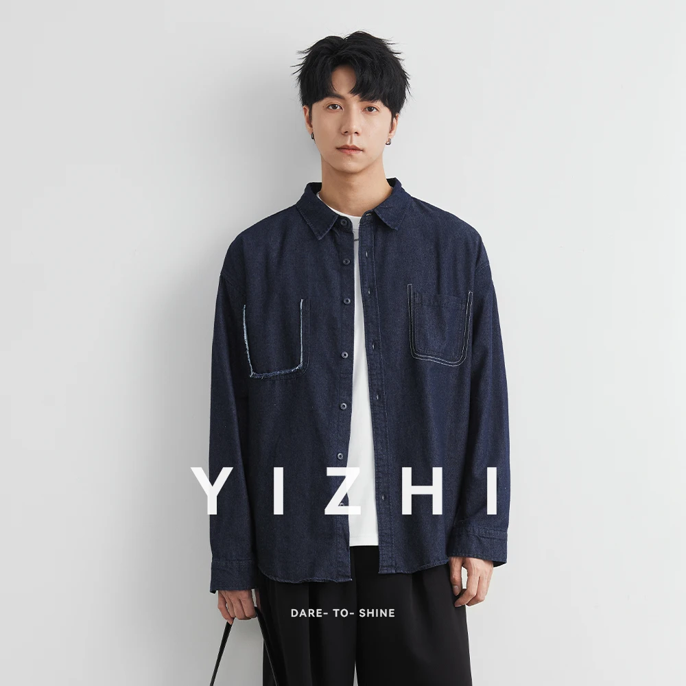 

2025 Autumn New Lapel Long Sleeve Blue Denim Shirt Fashion Loose Tops Jacket Solid Color Casual All-match Jacket Male Clothing