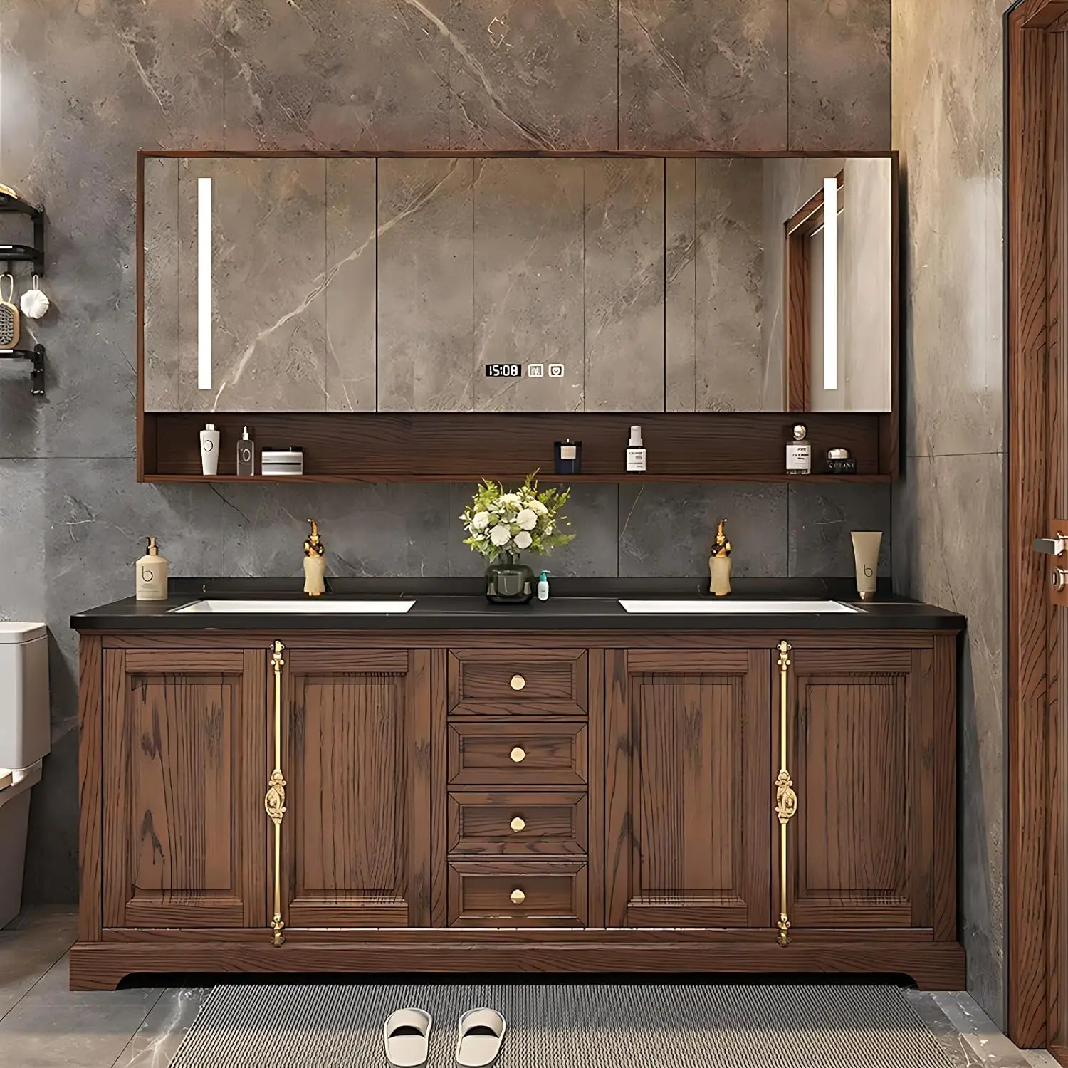 Modern Solid Wood & MDF Bathroom Vanity Cabinet with Lacquer Finish Ceramic Sink Floor Standing Storage and Countertop