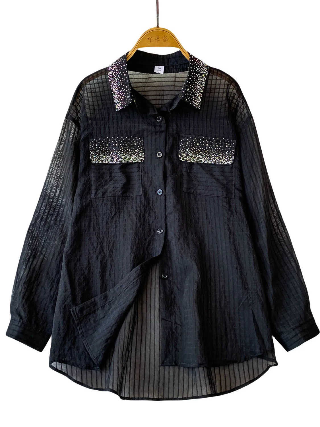 قميص نسائي بأكمام طويلة للحماية من الشمس، قميص شيفون رقيق مضاد للتجاعيد وفضفاض، تصميم عصري للعمل مزين بالماس ومخطط