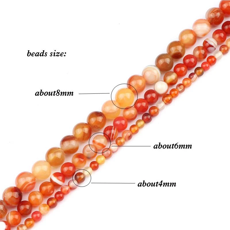 Handmade DIY Bracelet Necklace Carnelian Orange Smooth Natural Stone 8/6/4mm Striped Round Loose Bead Jewelry Making Accessories