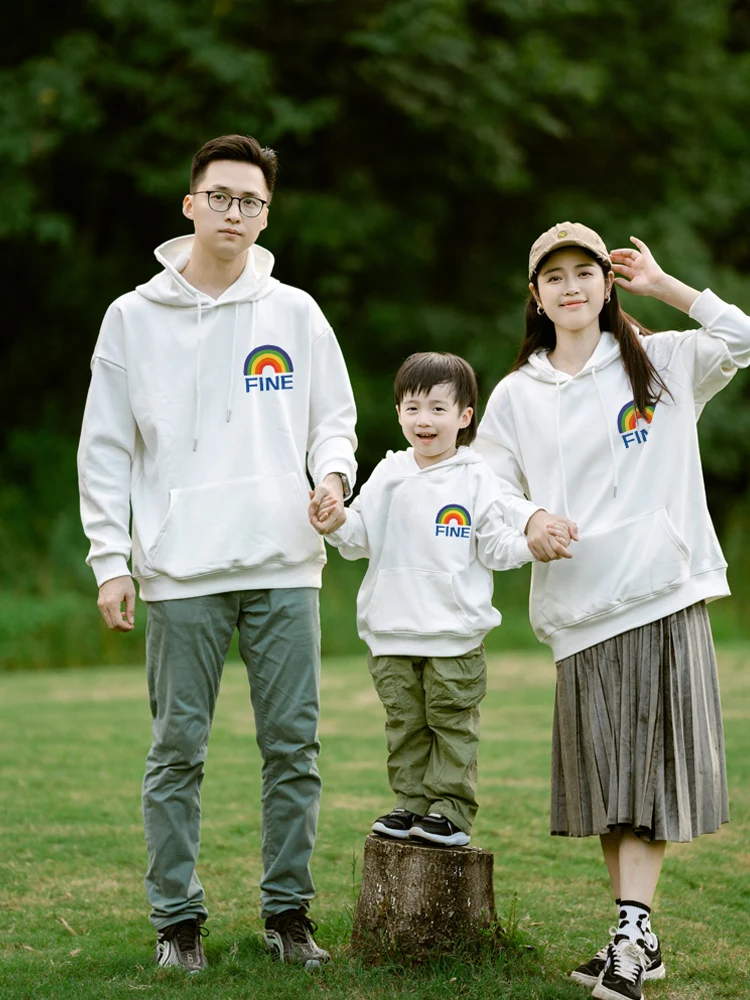 

Family Matching Outfits Fine Rainbow Hooded Hoodies For Mom Dad Kid 600g Cotton Autumn Winter Plush Long Sleeve Pullover Top