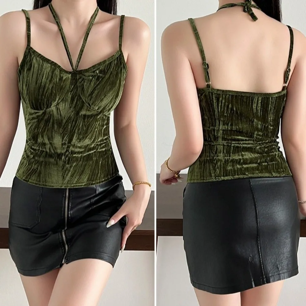 

Breathable With Chest Cushion Velvet Camisole Bowknot Solid Color Crop Tops Non Trace Sleeveless Suspender Vest Travel