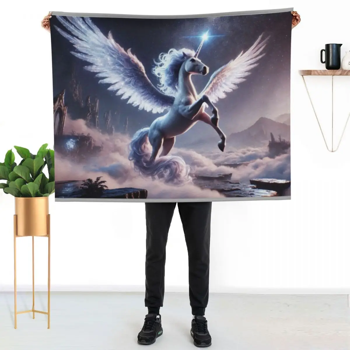Mystical Alicorn Hybrid in Enchanted Realm - Fantasy Creature Art Throw Blanket Travel Large Bed covers Blankets