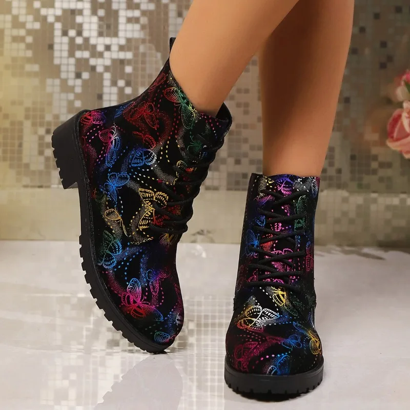 Autumn New Chunky Single Boots Women Fashion Round Head Deep Cut Front Lace-up Printed Soft Sole Non-slip Ankle Boots